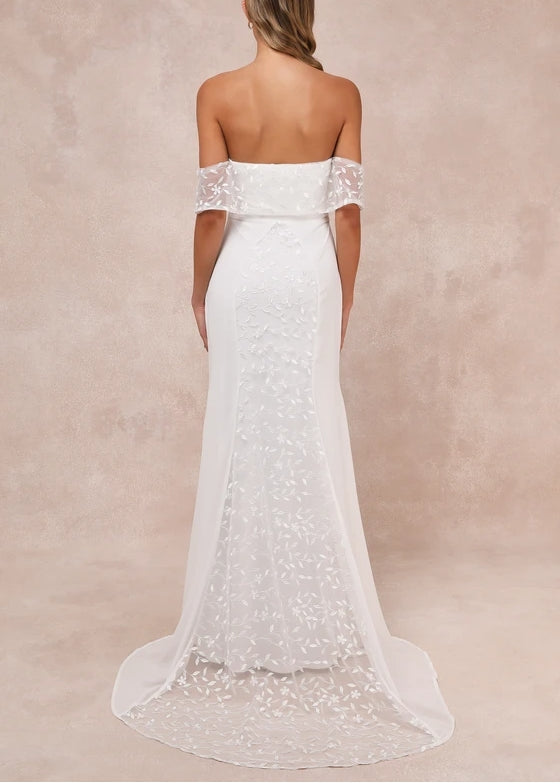 White Embroidered Off-the-Shoulder Maxi Bride Gown Chapel Train Wedding Dress