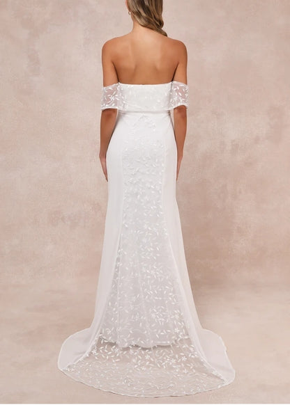 White Embroidered Off-the-Shoulder Maxi Bride Gown Chapel Train Wedding Dress