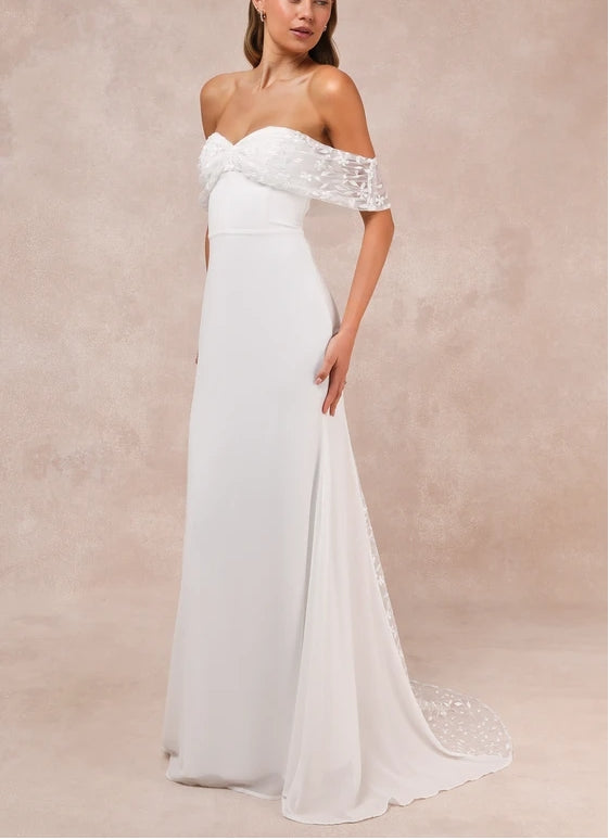 White Embroidered Off-the-Shoulder Maxi Bride Gown Chapel Train Wedding Dress