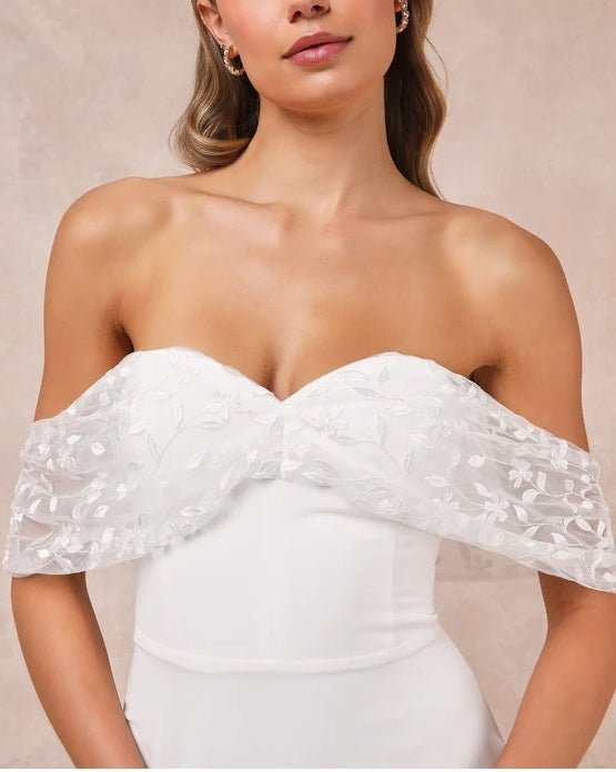 White Embroidered Off-the-Shoulder Maxi Bride Gown Chapel Train Wedding Dress