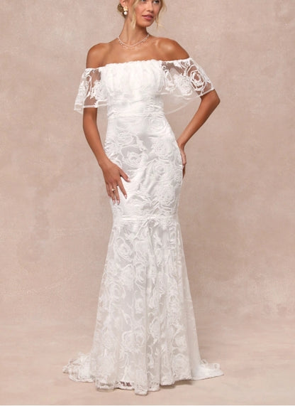 White Off-the-Shoulder Floral Maxi Bride Gown Chapel Train Wedding Dress