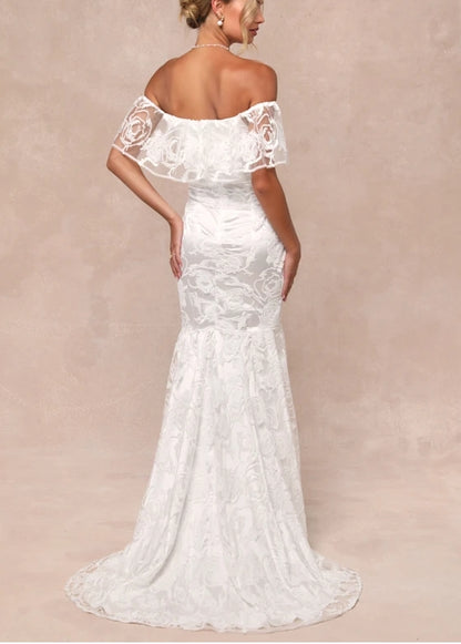 White Off-the-Shoulder Floral Maxi Bride Gown Chapel Train Wedding Dress