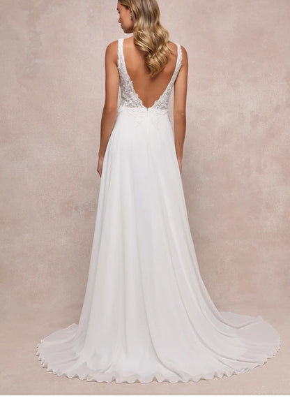 A-Line White Chiffon Embroidered Sequin Maxi Dress Bride Gown Chapel Train Wedding Dress