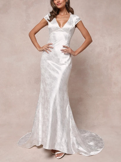 V-Neck Short Sleeves Satin Jacquard Backless Mermaid Maxi Chapel Train Wedding Dress