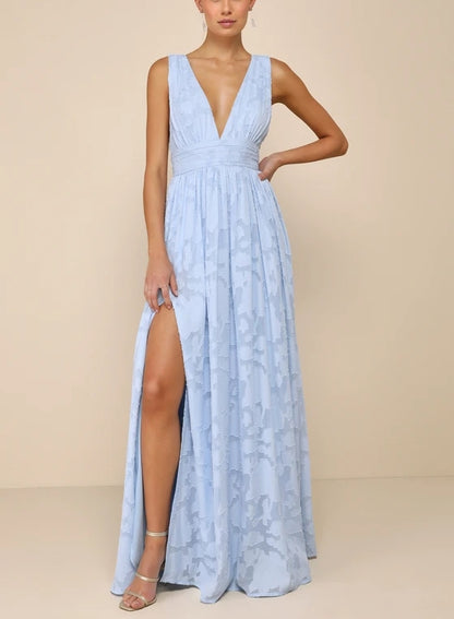 Deep V-Neck Light Blue Burnout Floral Maxi Dress Evening Dresses