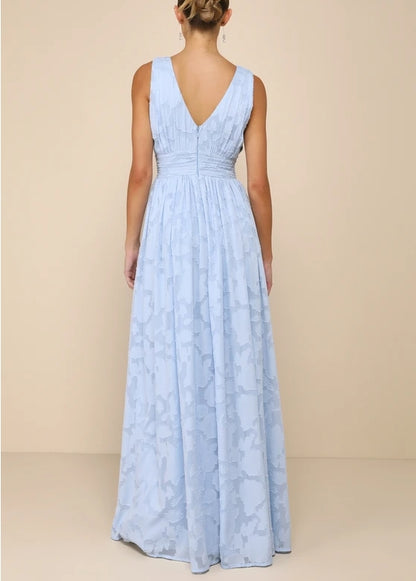 Deep V-Neck Light Blue Burnout Floral Maxi Dress Evening Dresses