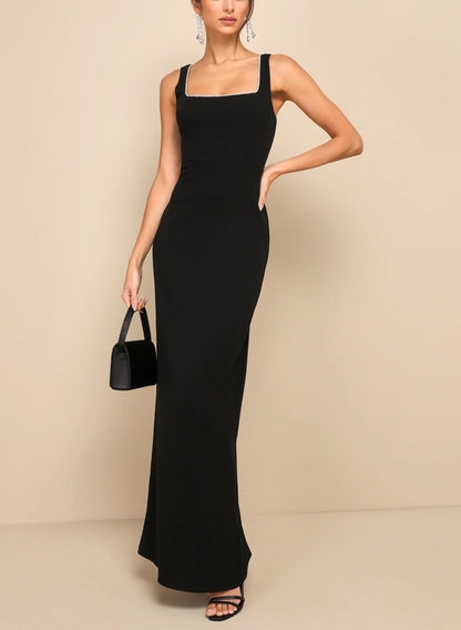 Black Rhinestone Square Neck Backless Sheath Maxi Dress Evening Dresses