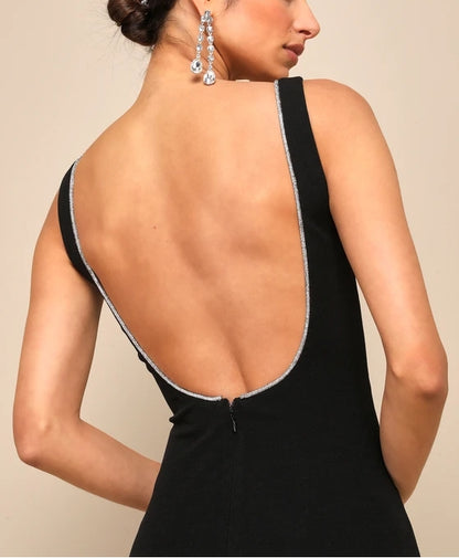 Black Rhinestone Square Neck Backless Sheath Maxi Dress Evening Dresses