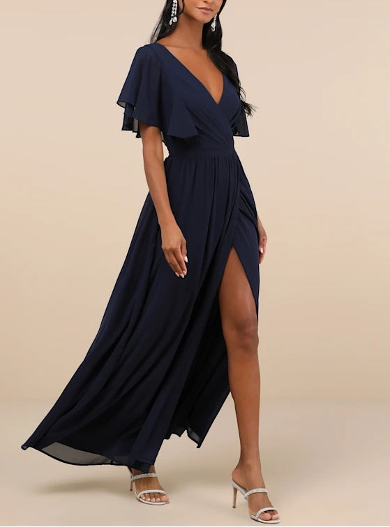 Navy Blue Flutter Sleeve Wrap Maxi Dress Chiffon Evening Dresses