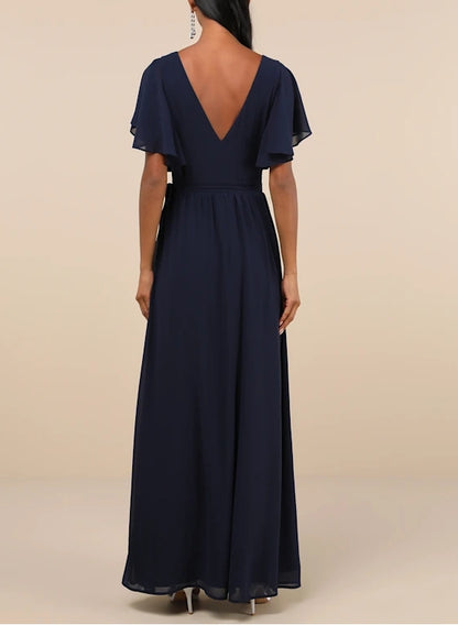 Navy Blue Flutter Sleeve Wrap Maxi Dress Chiffon Evening Dresses