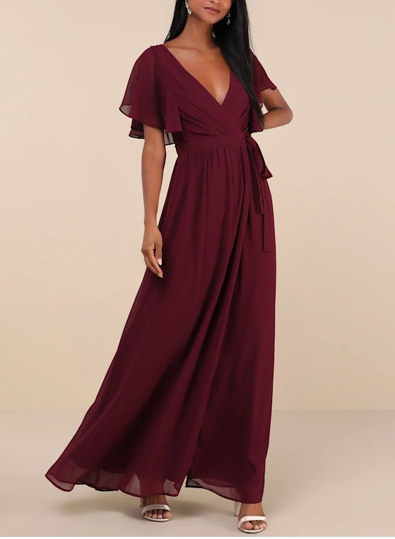 Navy Blue Flutter Sleeve Wrap Maxi Dress Chiffon Evening Dresses