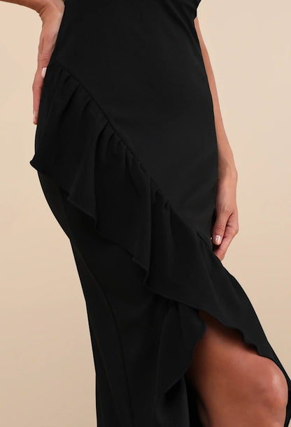 Excellence Black Sleeveless Ruffled Tulip Maxi Dress Evening Dresses