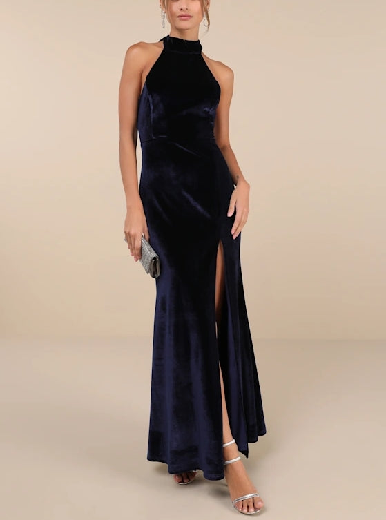 Navy Blue Velvet Backless Mermaid Maxi Dress Halterneck Evening Dresses