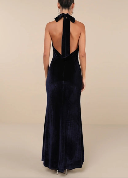 Navy Blue Velvet Backless Mermaid Maxi Dress Halterneck Evening Dresses