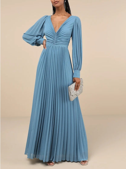 Slate Blue Pleated Long Sleeve Deep V-Neck Maxi Dress Evening Dresses