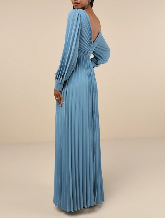 Slate Blue Pleated Long Sleeve Deep V-Neck Maxi Dress Evening Dresses