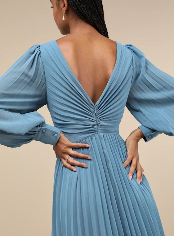 Slate Blue Pleated Long Sleeve Deep V-Neck Maxi Dress Evening Dresses