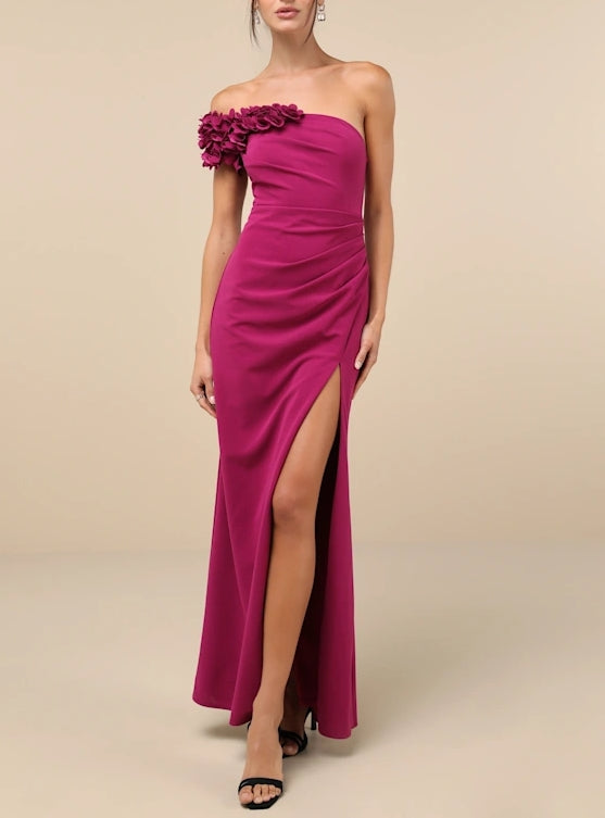 Elegant Magenta 3D Floral One-Shoulder Maxi Dress Evening Dresses With Slit