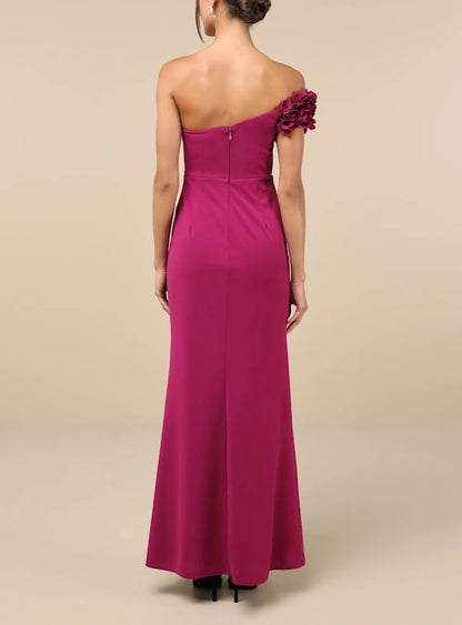 Elegant Magenta 3D Floral One-Shoulder Maxi Dress Evening Dresses With Slit