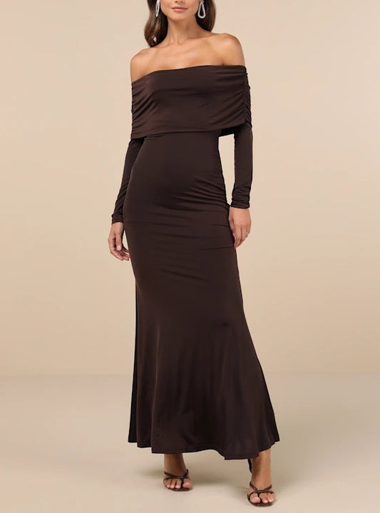 Dark Brown Off-the-Shoulder Floor-length Maxi Dress Evening Dresses