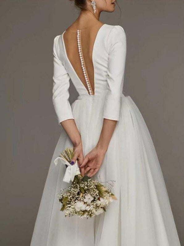 White Wedding Dress Tea-Length V-Neck 3/4 Length Sleeves A-Line Satin Bridal Dresses