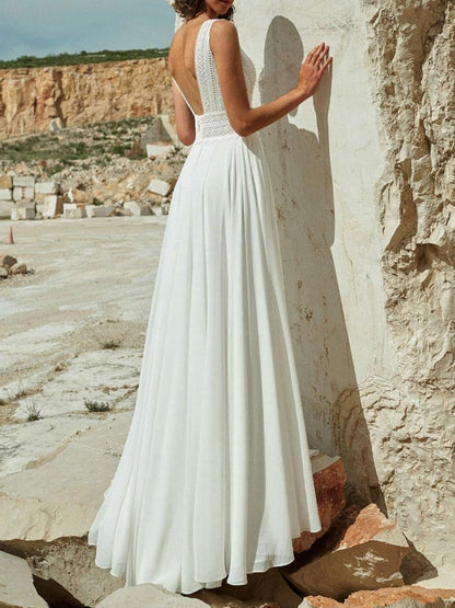 Ivory Boho Wedding Dress Chiffon Split Front A-Line Sweep Backless Sleeveless V-Neck Bridal Dresses