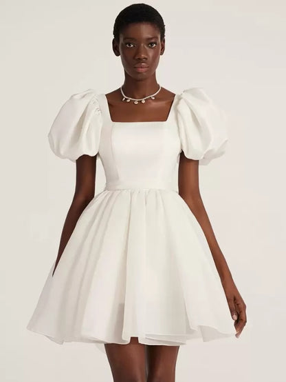 Cute A-Line Wedding Dress Designed Neckline Short Sleeves Short Bridal Gowns