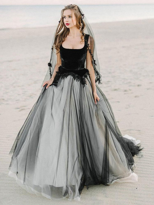 Gothic Black Wedding Dresses A-Line Square Neckline Sleeveless Lace Tulle Velour Floor-Length Bridal Dress