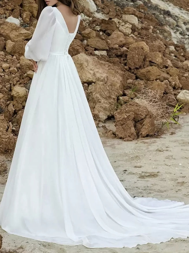 Boho Wedding Dress Chiffon Pleated A-Line With Train Lace-up Long Sleeves V-Neck Ivory Bride Gown