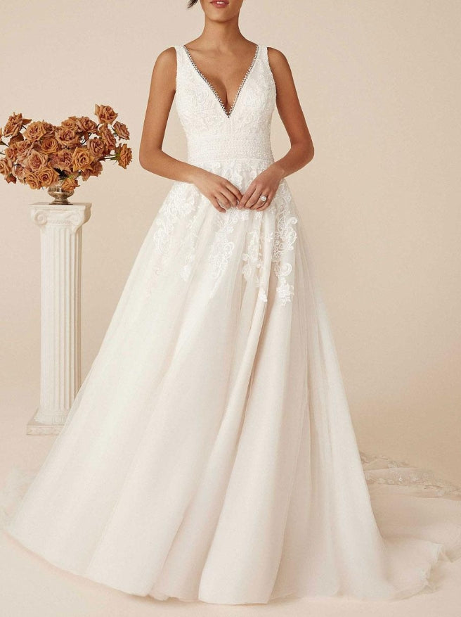 Ivory Simple Wedding Dress With Train V-Neck Sleeveless Backless Lace A-Line Bridal Gowns