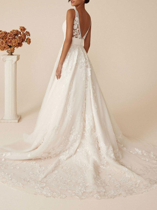 Ivory Simple Wedding Dress With Train V-Neck Sleeveless Backless Lace A-Line Bridal Gowns