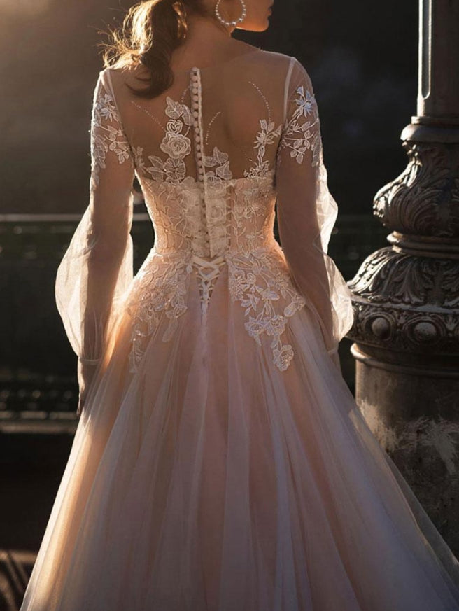 Wedding Dresses A Line Illusion Neck Long Sleeve Floor Length Tulle Pleated Bridal Dress With Train