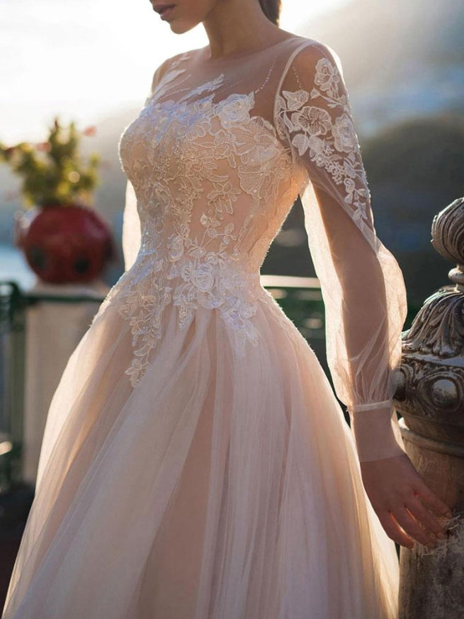 Wedding Dresses A Line Illusion Neck Long Sleeve Floor Length Tulle Pleated Bridal Dress With Train