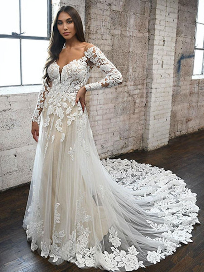 White Lace Wedding Dress V-Neck Long Sleeves Backless With Train Tulle Bridal Gowns