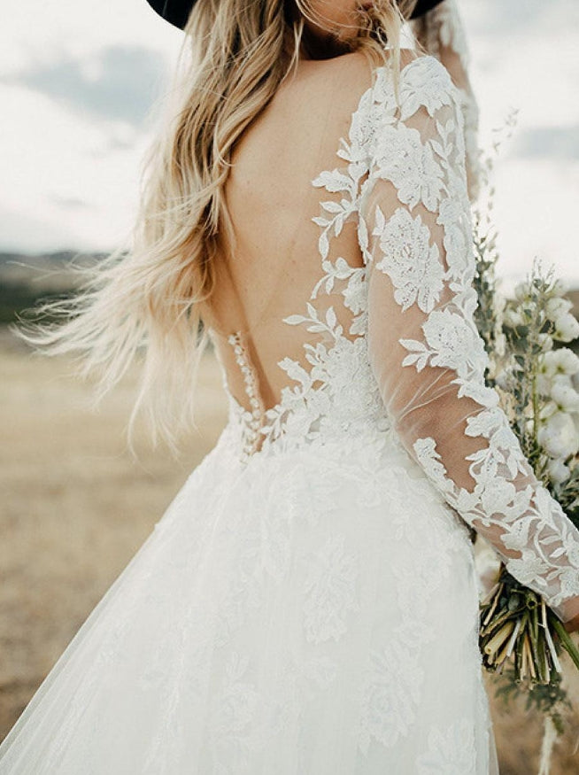 White Lace Wedding Dress V-Neck Long Sleeves Backless With Train Tulle Bridal Gowns