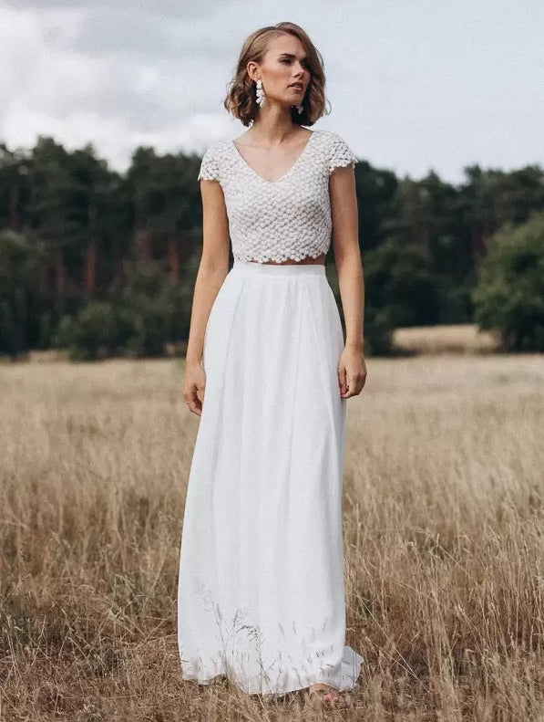 A-Line Two-piece Wedding Dress Lace Lace V-Neck Floor-Length Backless Short Sleeves Ivory