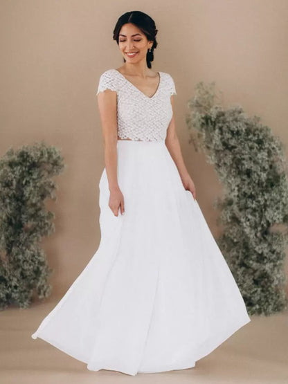 A-Line Two-piece Wedding Dress Lace Lace V-Neck Floor-Length Backless Short Sleeves Ivory