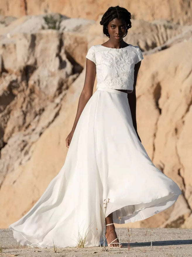 A-Line Two-piece Wedding Dress Chiffon Jewel Neck Floor-Length Short Sleeves