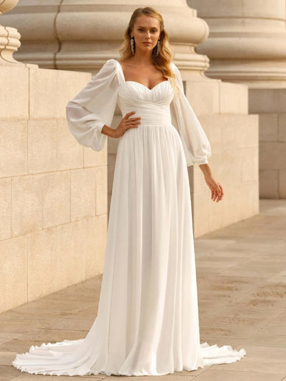 Simple Wedding Dress Chiffon Sweetheart Neck Long Sleeves Pleated A-Line Bridal Dresses