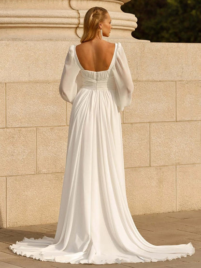 Simple Wedding Dress Chiffon Sweetheart Neck Long Sleeves Pleated A-Line Bridal Dresses