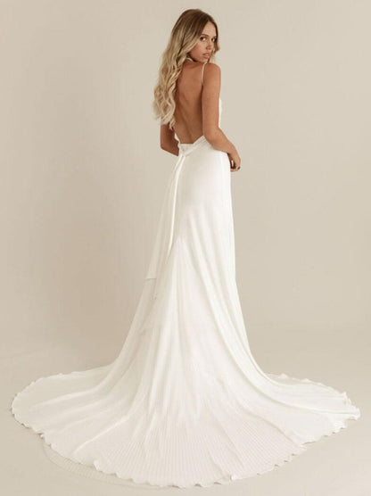 Simple Wedding Dress Satin Jewel Neck Sleeveless Lace Sheath Bridal Dresses With Sweep Train