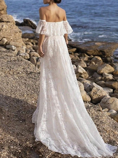 Boho Wedding Dress Lace A-Line With Train Strapless Zipper Short Sleeves Bateau Neck Ivory