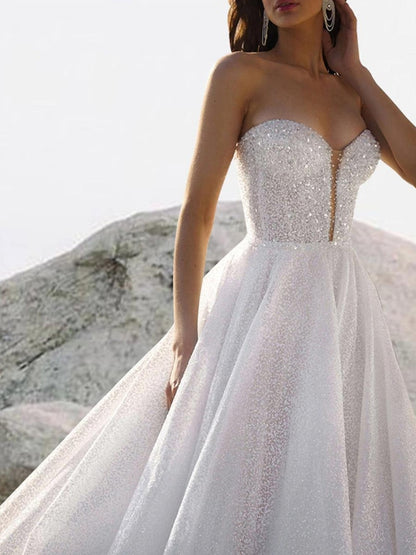 A-line Sparkling Wedding Dresses With Train Sleeveless Beaded Strapless Bride Gown