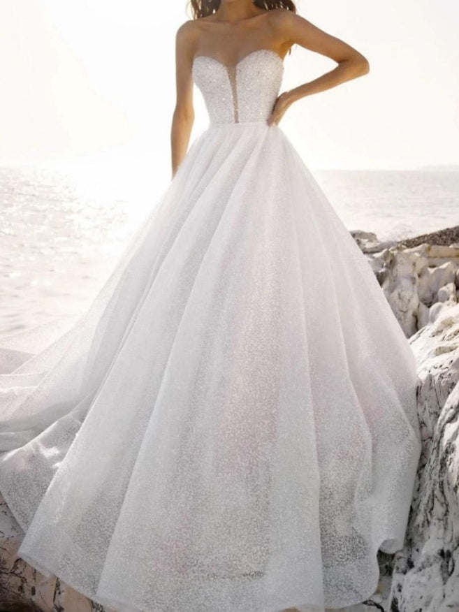 A-line Sparkling Wedding Dresses With Train Sleeveless Beaded Strapless Bride Gown