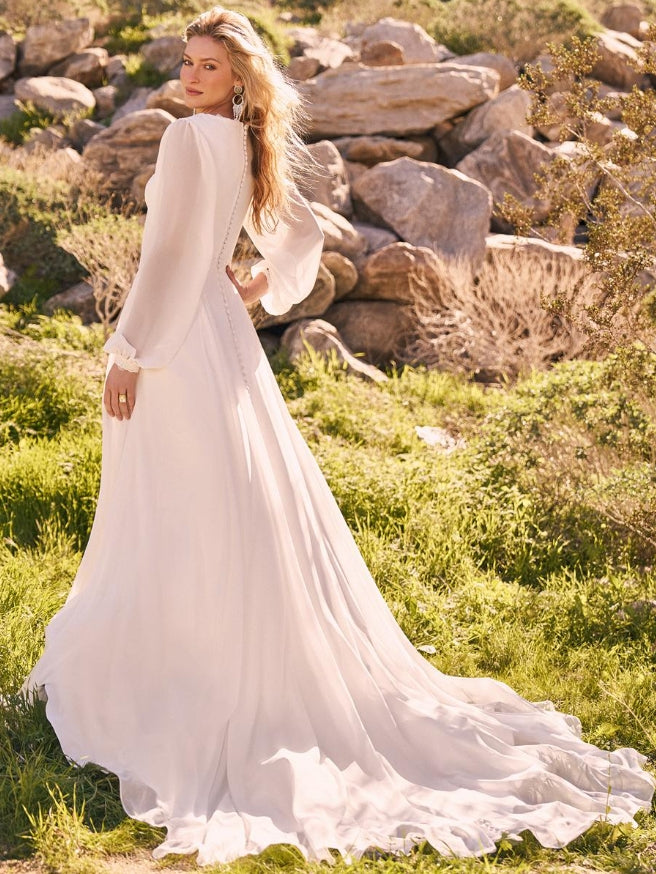 Boho Wedding Dress Chiffon Lace A-Line Court Train Natural Waist Long Sleeves V-Neck Ivory