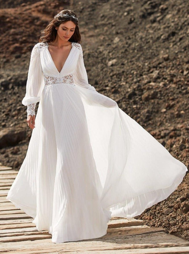 Boho Wedding Dress Chiffon Lace A-Line Sweep Natural Waist Zipper Long Sleeves V-Neck Ivory