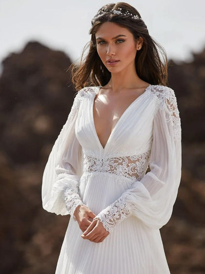 Boho Wedding Dress Chiffon Lace A-Line Sweep Natural Waist Zipper Long Sleeves V-Neck Ivory