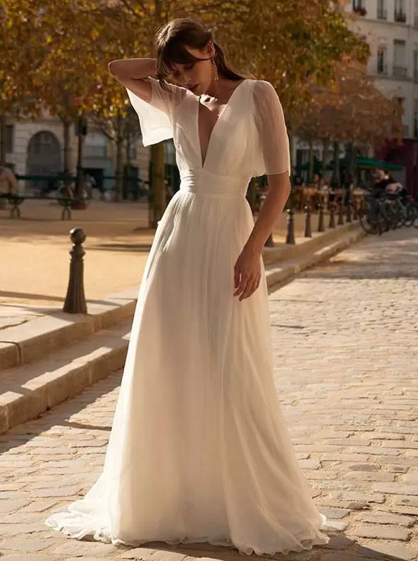 Simple Wedding Dress A-Line V-Neck Short Sleeves Bridal Dresses