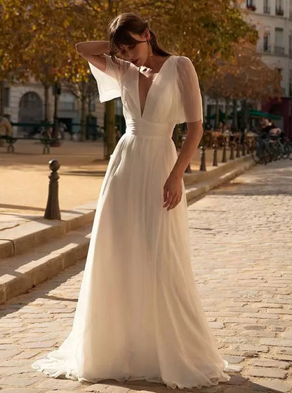 Simple Wedding Dress A-Line V-Neck Short Sleeves Bridal Dresses