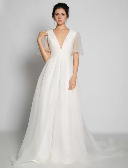 Simple Wedding Dress A-Line V-Neck Short Sleeves Bridal Dresses